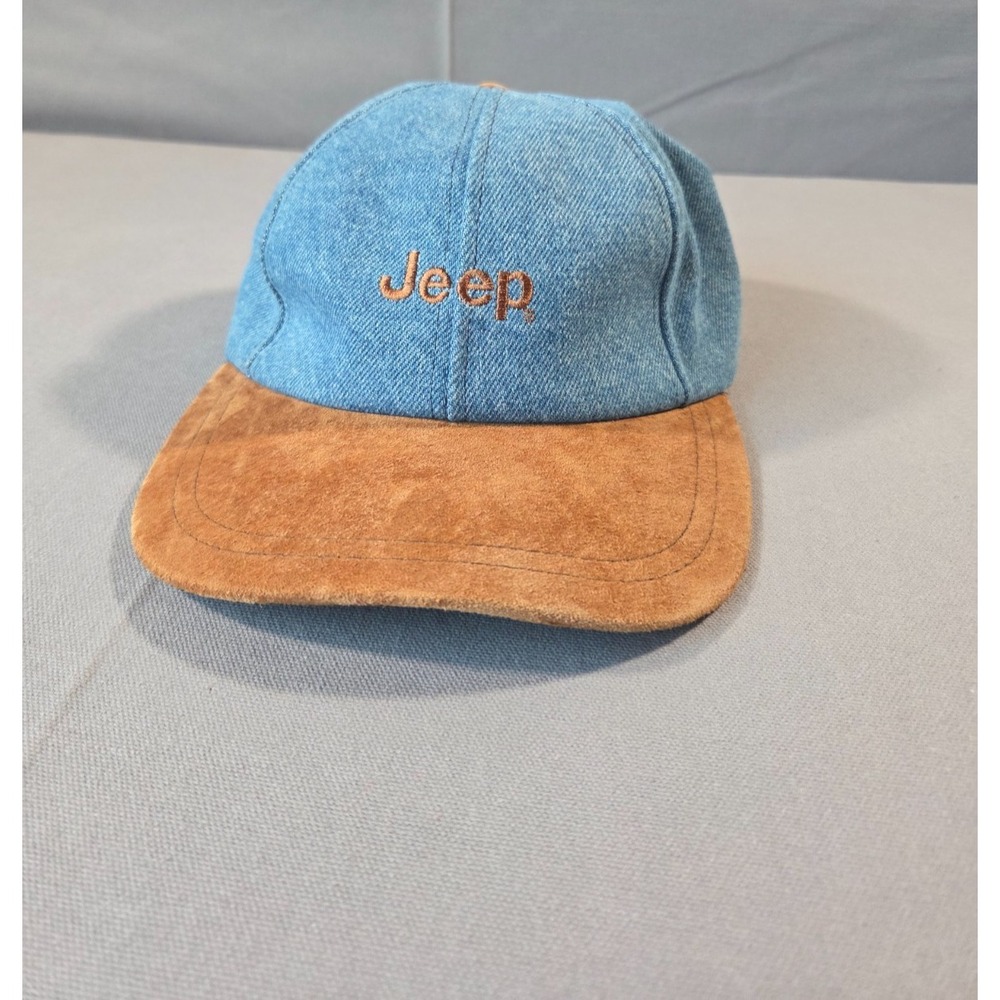 Vintage Jeep Strapback Hat Blue Denim Suede Brim Leather Strap Classic Retro Cap